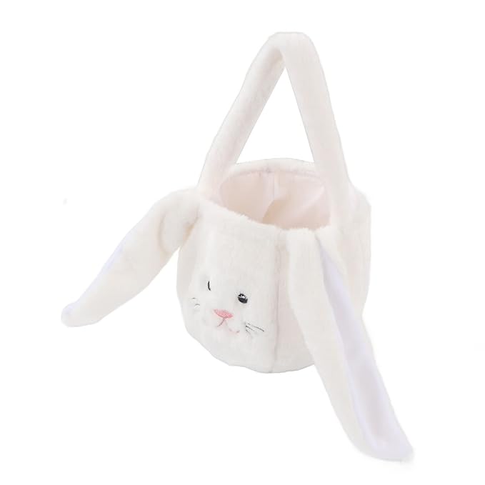 Plush Easter Bunny Basket, Children Easter Basket, Cute Cartoon Long Ears Bunny Egg Basket with Soft Plush Material, Perfect for Easter Egg Hunt and Festive Decorations (White)