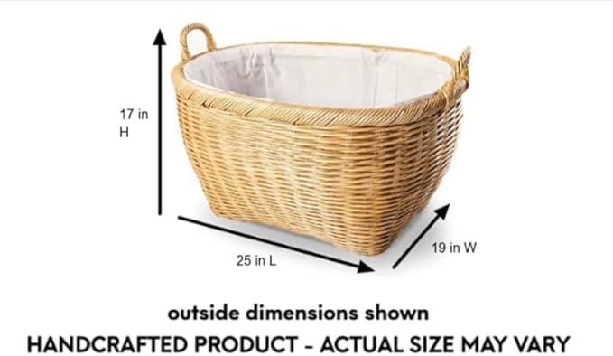 The Basket Lady Oval Wicker Laundry Basket, 25 in L x 19 in W x 14 in H (17 in overall H), Sandstone