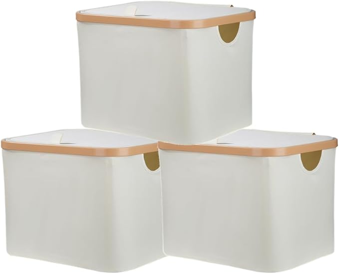 50L Foldable Laundry Basket,Versatile Storage Basket with Bamboo Borders for Bedroom,Office,Dorm.Great for Use as a Hamper with Lid, Towel Hamper for Wet Towels,White,Covered,3 Pack
