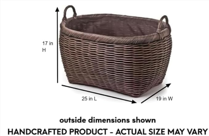 The Basket Lady Oval Wicker Laundry Basket, 25 in L x 19 in W x 14 in H (17 in overall H), Antique Walnut Brown
