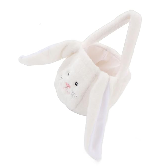 Plush Easter Bunny Basket, Children Easter Basket with Long Ears, Cute Cartoon Rabbit Plush Bag for Easter Egg Hunt, Soft and Durable Easter Bunny Gift for Kids (White)