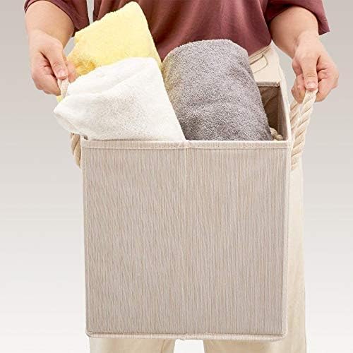 Foldable Bamboo Fabric Storage Bins [set of 4] with Cotton Rope Handles, Collapsible Organizer Boxes Basket - 10.5 x 10.5 x11 inch (Beige)