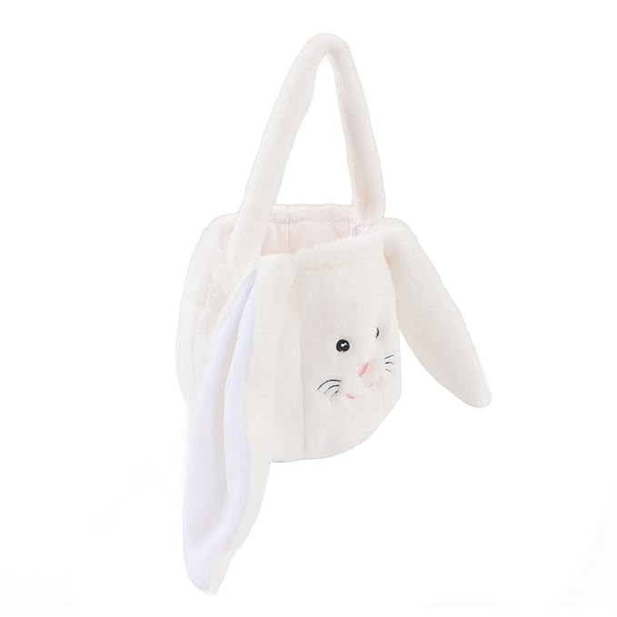 Plush Easter Bunny Basket, Children Easter Basket, Cute Cartoon Bunny Bag with Long Ears, Soft Plush Easter Egg Collector for Kids Easter Party Gift (White)