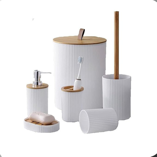 6-Piece Bathroom Set – Includes Toilet Brush, Trash Can & Soap Dispenser, Creating a Tidy and Coordinated Bathroom Space in One Stop，Round-White