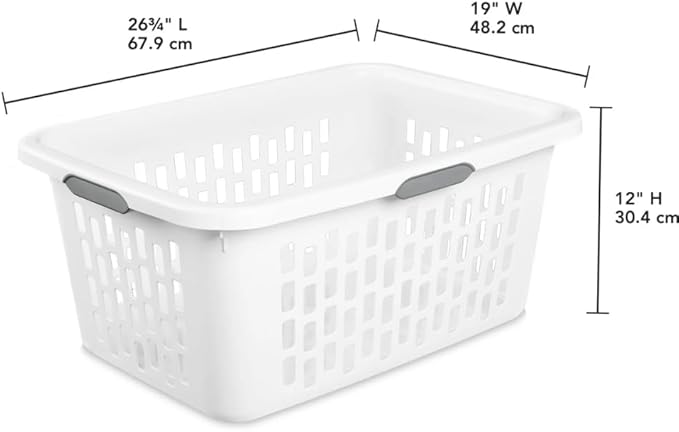 2 Bushel Large Plastic Laundry Basket with 4 Comfort Grip Handles, White - Durable, Lightweight, Spacious Laundry Storage for Home, Dorm, and Apartments