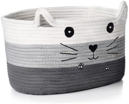 Zopeal Cat Basket Storage Woven Organizer with Ears Christmas Decorative Pet Toy Cute Cotton Rope Basket for Gift Cat Dog Toy Bin Nursery Room(13.7 x 7.8 Inch,White, Light Gray, Dark Gray)