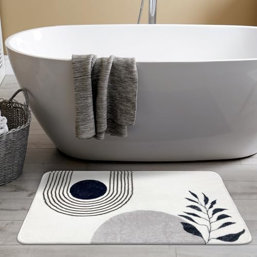 17"X24" Boho Bath Rugs for Bathroom Decor Non-Slip Bath Mat Absorbent Plush Microfiber Soft Carpet Machine Washable Bath Mat for Bathrooms,Showers,Laundry Rooms,White and Black