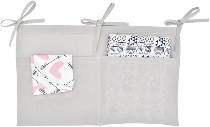 Linen Baby Bedside Hanging Storage Bag,2 Pockets Organizer for Baby Cribs and Toys (Light Gray)