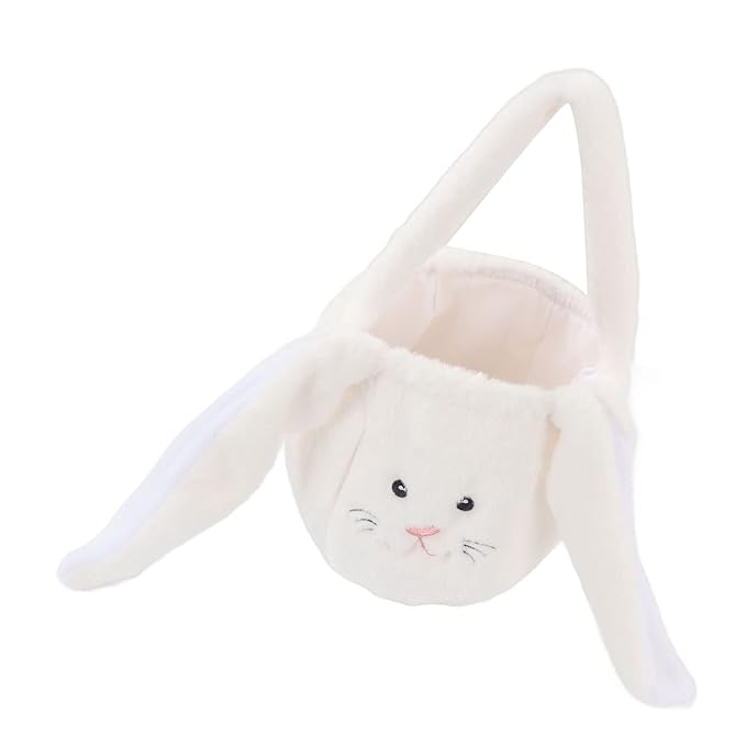 Plush Easter Bunny Basket, Children Easter Basket with Long Ears, Cute Cartoon Rabbit Plush Bag for Easter Egg Hunt, Soft and Durable Easter Bunny Gift for Kids (White)