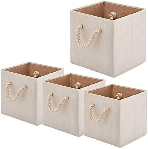 Foldable Bamboo Fabric Storage Bins [set of 4] with Cotton Rope Handles, Collapsible Organizer Boxes Basket - 10.5 x 10.5 x11 inch (Beige)