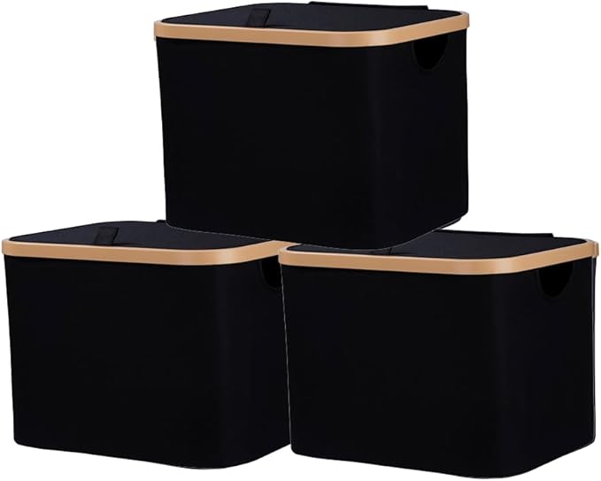 50L Foldable Laundry Basket,Versatile Storage Basket with Bamboo Borders for Bedroom,Office,Dorm.Great for Use as a Hamper with Lid, Towel Hamper for Wet Towels,Black,Covered,3 Pack