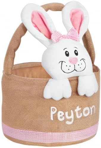 Let's Make Memories Personalized Easter Basket for Kids - Custom - For Boys and Girls - Fillable - With Optional Easter Basket Stuffers - 3-D Stuffed Bunny in Burlap - Pink