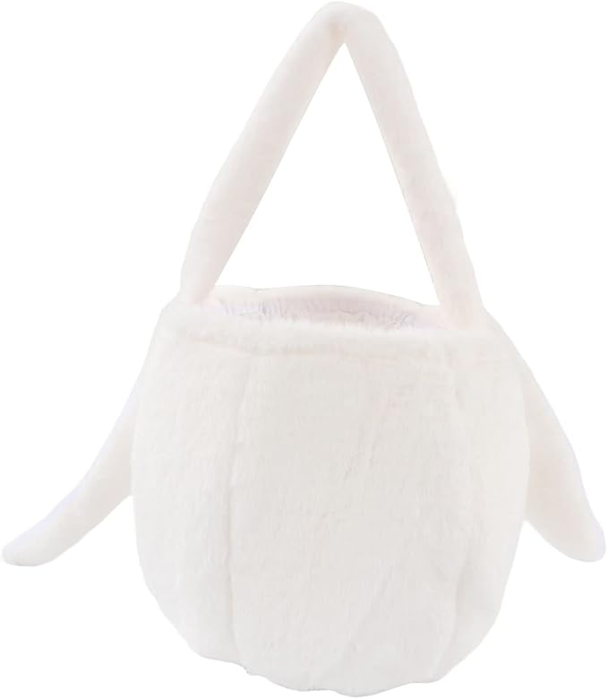 Spryflower Plush Easter Bunny Basket, Children Easter Basket, Cute Cartoon Long Ears Bunny Egg Basket, Soft Plush Easter Gift Bag for Kids, Perfect for Easter Egg Hunt and Family Gath (White)