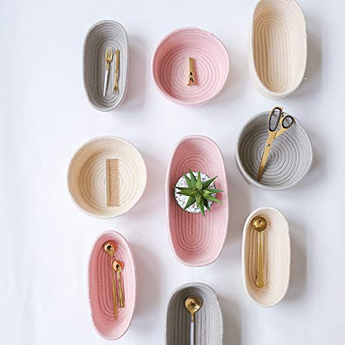 Cotton Rope Handmade Woven Home Storage Household Candy Toys Storage Basket Sundries Collection Box Candy Snack Food Tray SML Pack of 3 (Round, Beige)