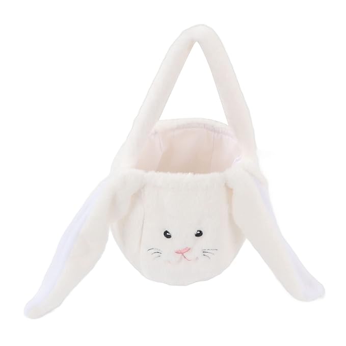 Plush Easter Bunny Basket, Children Easter Basket, Cute Cartoon Bunny Bag with Long Ears, Soft Plush Easter Egg Collector for Kids Easter Party Gift (White)