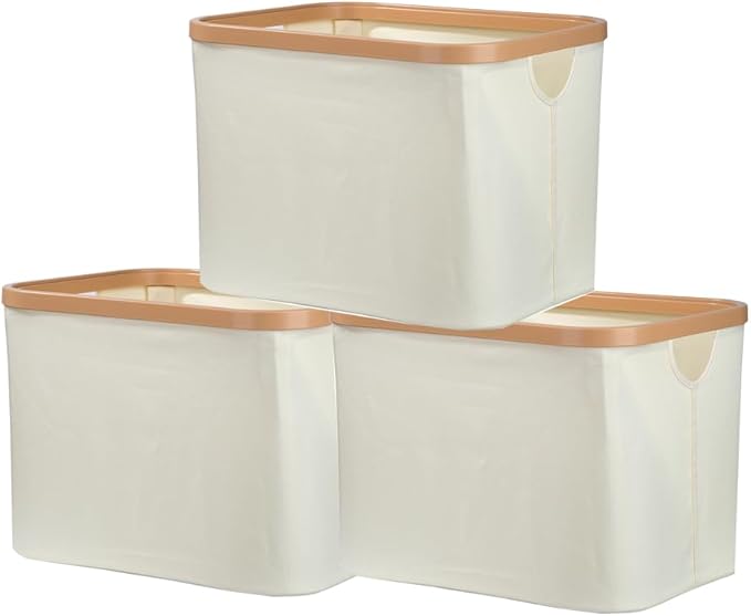 50L Foldable Laundry Basket,Versatile Storage Basket with Bamboo Borders for Bedroom,Office,Dorm.Great for Use as a Hamper with Lid, Towel Hamper for Wet Towels,White,Uncapped,3 Pack