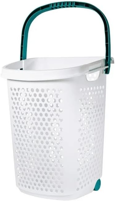 Plastic Rolling Laundry Basket Hamper Portable 2 Bushel Laundry with Pop-up Handle for Clothes, Bedroom, and Storage, White