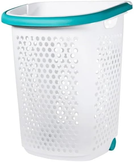 Plastic Rolling Laundry Basket Hamper Portable 2 Bushel Laundry with Pop-up Handle for Clothes, Bedroom, and Storage, White