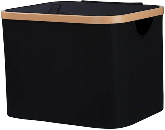50L Foldable Laundry Basket,Versatile Storage Basket with Bamboo Borders for Bedroom,Office,Dorm.Great for Use as a Hamper with Lid, Towel Hamper for Wet Towels,Black,Covered