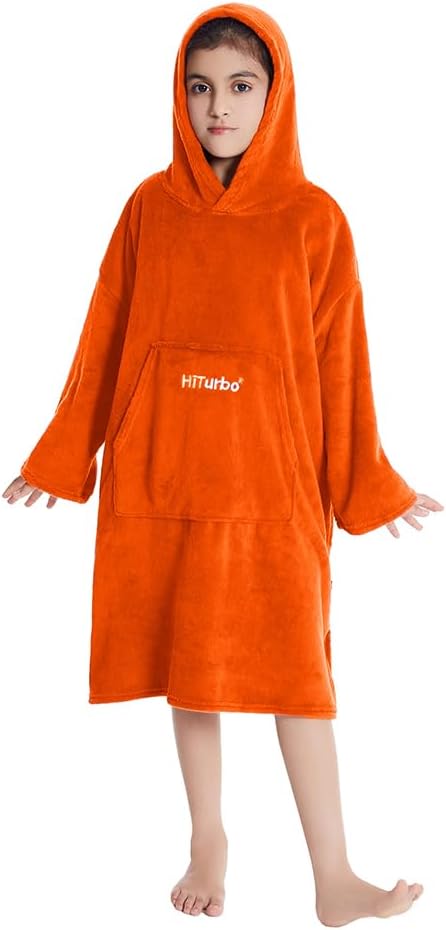 Hiturbo Kids Towel Changing Robe: Soft Plush Wearable Blanket - Warm Coral Fleece Hoodie - Swim Surf Poncho for 5-12 Years (Orange)