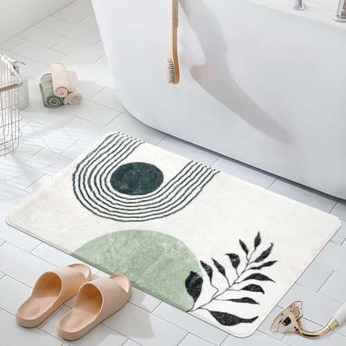 17"X24" Boho Bath Rugs for Bathroom Decor Non-Slip Bath Mat Absorbent Plush Microfiber Soft Carpet Machine Washable Bath Mat for Sink, Showers, Laundry Rooms, Living Room, Green