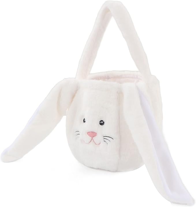 KIMISS Plush Easter Bunny Basket for | Cute Cartoon Long Ears Bunny for Easter Egg | Soft Plush Bunny Egg Basket (White)
