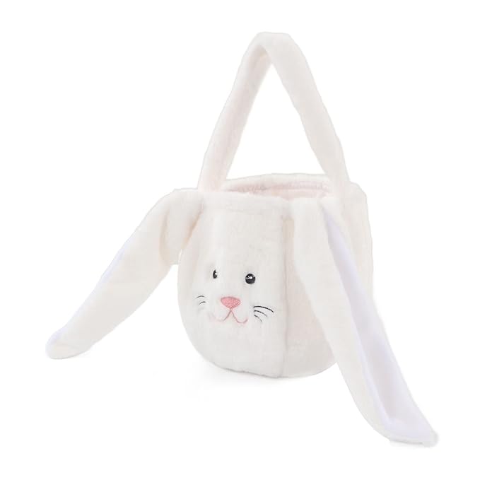 Plush Easter Bunny Basket, Children Easter Basket, Cute Cartoon Long Ears Bunny Egg Basket with Soft Plush Material, Perfect for Easter Egg Hunt and Festive Decorations (White)
