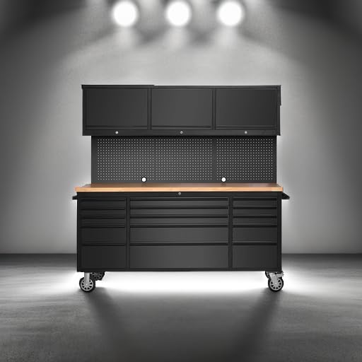 SINDA 72 Inch Tool Chest with Drawers and Wheels Mobile Workbench Garage Tool Storage Cabinet Large Rolling Lockable Tool Box with Wood Top, 15 Drawers + 3 Upper Cabinets, Matte Black