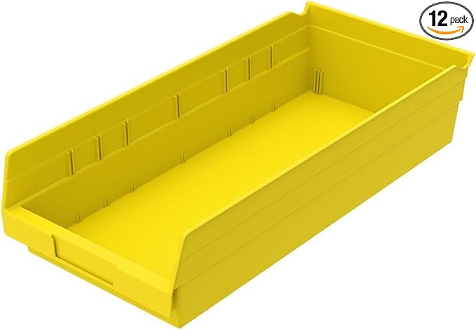 Akro-Mils 30158 Plastic Shelf Bins, Heavy Duty Storage Bins for Garage, Closet, and Drawer Organization, 18-Inch x 8-Inch x 4-Inch, Yellow, 12-Pack