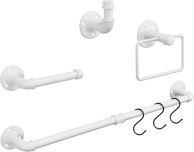 4-Pieces Industrial Pipe Bathroom Towel Ring Kit DIY Wall Mount Accessories Kit Includes Robe Hook Towel Bar and Towel Ring (White 24 inch)