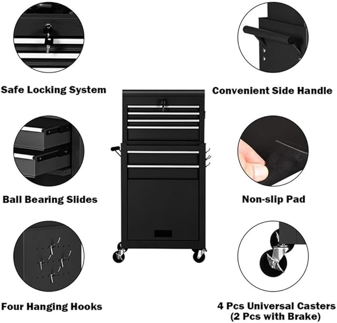 Pemberly Row Rolling Cabinet Storage Chest Organizer, Steel Construction, Black Powder-Coated Finish, 6 Drawers with Lockable Compartments, Swivel Casters with Brakes, Tool Storage for Garages and