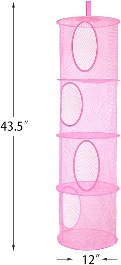 coastal rose 2Pcs Stuffed Animal Storage Foldable Stuffed Animal Net or Hammock Organizer, 4 Compartments Hanging Mesh Toy Storage Hammock for Kid Room Toys, Gloves, Hats, Socks（Pink）