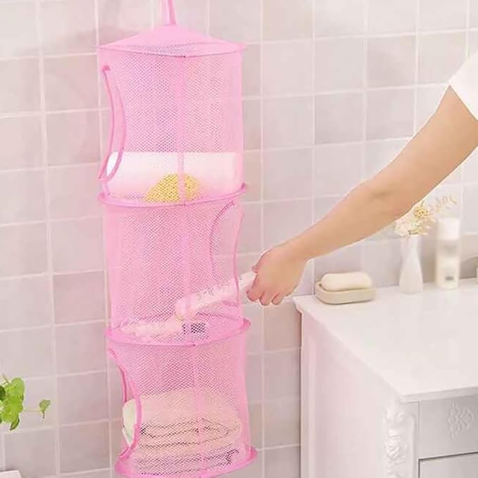GSHLLO 2 Pcs Toy Storage Hanging Mesh 3 Compartment Organizer Net Stuffed Animal Hammock Foldable Organizing Baskets Clothes Hanger Organizer Bag for Room Bathroom Closet Pink