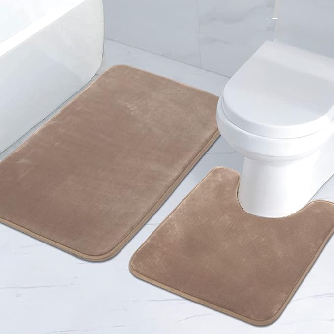 H.VERSAILTEX Bath Mat Memory Foam Set Bathroom Rug Set Flannel Velvety Bath Mat Luxury Extra Soft and Absorbent Non Slip Rugs for Bathroom/Bedroom Washable(Curved Set 24"x 36" Plus 20"x 24"U, Taupe)