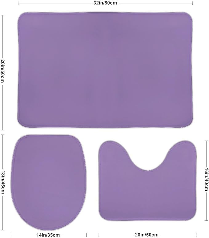 3 Pieces Bath Rug Sets, Purple Lavender Trend Color Bathroom Mat Set Non Slip U Shaped Contour Rug & Toilet Lid Cover