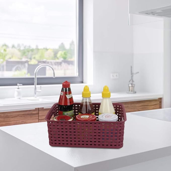Sandmovie Plastic Weave Storage Baskets for Kitchen Bathroom, Wine Red, 6 Packs, F