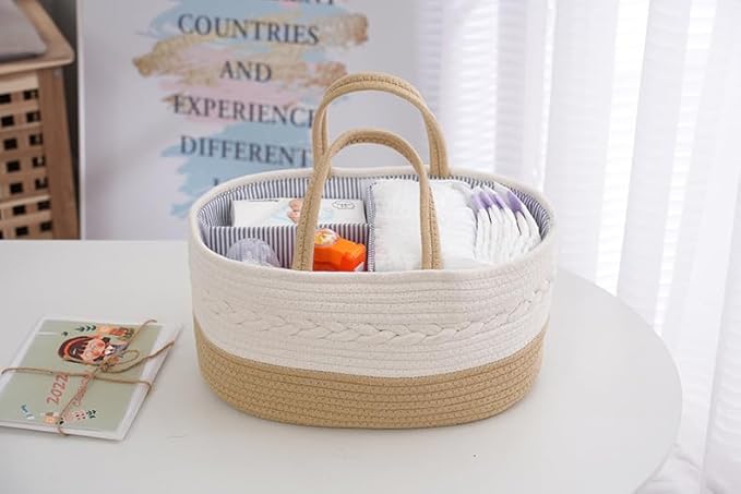 Diaper Caddy Organizer, Large Cotton Rope Nursery Basket, Changing Table Baby Diaper Storage Portable Car Organizer with Removable Divider