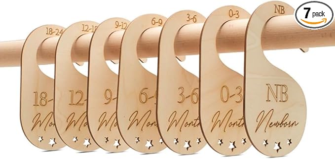 Baby Closet Dividers, Set of 7 Baby Clothes Organizer, Double Sided Wooden Baby Closet Organizer for Nursery, Size Newborn to Toddler, Baby Clothes Dividers for Closet Hanging on Standard Rod