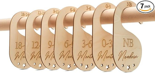 Baby Closet Dividers, Set of 7 Baby Clothes Organizer, Double Sided Wooden Baby Closet Organizer for Nursery, Size Newborn to Toddler, Baby Clothes Dividers for Closet Hanging on Standard Rod