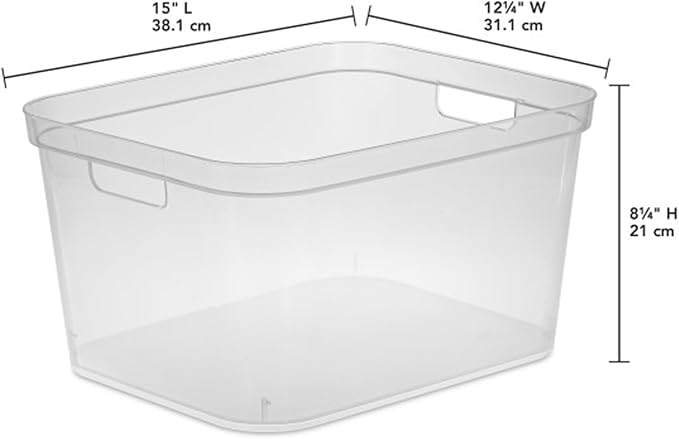 Sterilite 8.25x12.25x15 Inch Modern Polished Storage Bin w/Comfortable Carry Through Handles & Banded Rim for Household Organization, Clear (24 Pack)