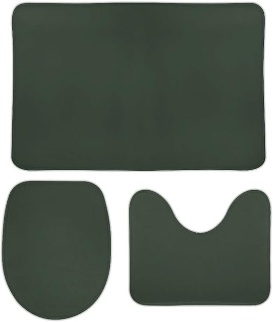 3 Pieces Bath Rug Sets, Forest Green Trend Color Bathroom Mat Set Non Slip U Shaped Contour Rug & Toilet Lid Cover