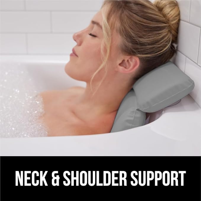 GORILLA GRIP Bath Pillow for Tub, Strong Suction Cups, Luxury Bathtub Pillows, Headrest Neck and Back Support, Relaxing Hot Tub and Home Spa Accessories, Bathroom Essentials, Gifts for Women, Gray