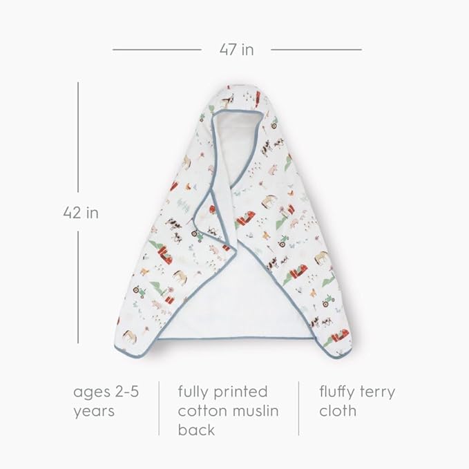 Little Unicorn Hooded Bath Towel | Absorbent Cotton & Terry Blend | Larger Size for Baby & Toddlers, 1-6 Years (Farmyard)