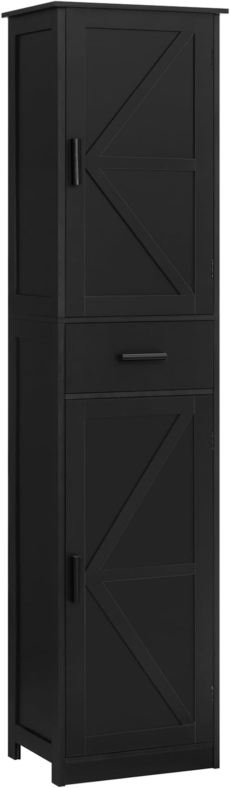 WEENFON Tall Bathroom Cabinet, Storage Cabinet with 6 Shelves & Drawer, Bathroom Storage Cabinet with Adjustable Shelves, Tall Cabinet for Living Room, Home Office, Black