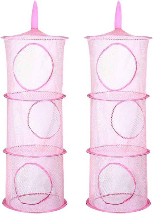 GSHLLO 2 Pcs Toy Storage Hanging Mesh 3 Compartment Organizer Net Stuffed Animal Hammock Foldable Organizing Baskets Clothes Hanger Organizer Bag for Room Bathroom Closet Pink