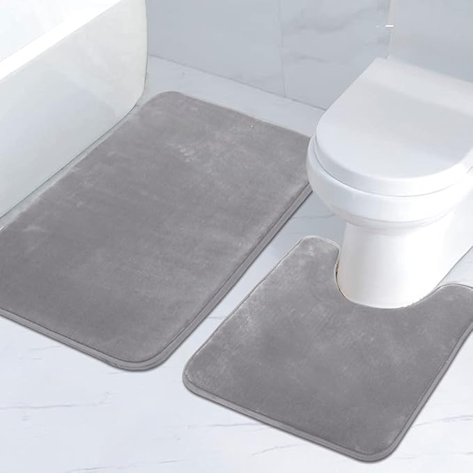 H.VERSAILTEX Bath Mat Memory Foam Bathroom Rug Flannel Velvety Luxury Extra Soft and Absorbent Non Slip Rugs for Bathroom/Bedroom Washable (Curved Set 24"x 36" Plus 20"x 24" Grey)