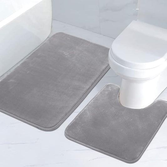 H.VERSAILTEX Bath Mat Memory Foam Bathroom Rug Flannel Velvety Luxury Extra Soft and Absorbent Non Slip Rugs for Bathroom/Bedroom Washable (Curved Set 24"x 36" Plus 20"x 24" Grey)
