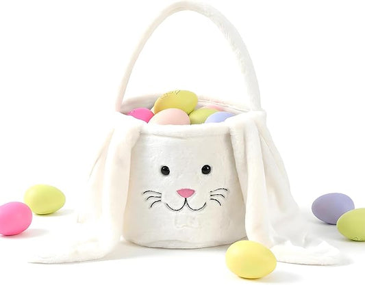 Easter Basket, Cute Bunny Easter Basket with Plush Ears, Easter Baskets for Egg Hunt, Candy & Gift Storage (White)