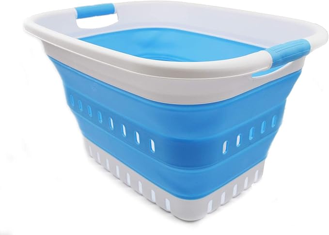 SAMMART 37L (9.77 gallon) Collapsible Plastic Laundry Basket - Foldable Pop Up Storage Container/Organizer - Space Saving Hamper/Basket (1, White/Marine Blue)