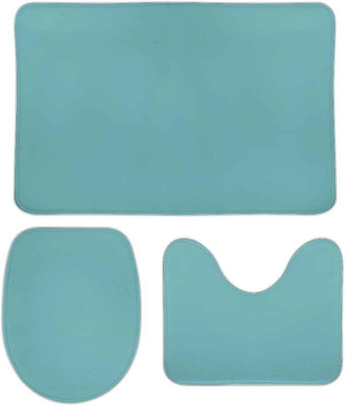 3 Pieces Bath Rug Sets, Retro Blue Trend Color Bathroom Mat Set Non Slip U Shaped Contour Rug & Toilet Lid Cover